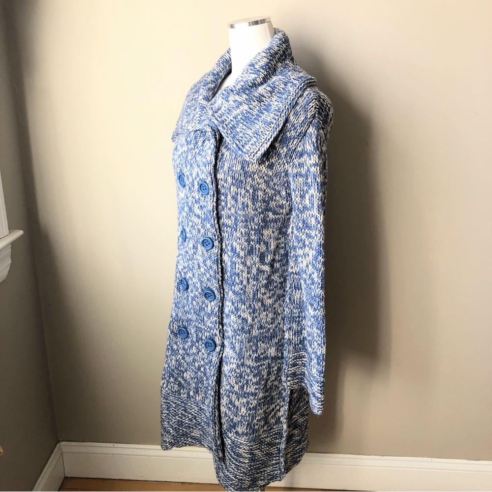 Magaschoni Blue & White 100% Wool Chunky Pea Coat Sweater Cardigan Coat S